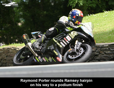 Raymond Porter rounds Ramsey hairpin on his way to a podium finish.